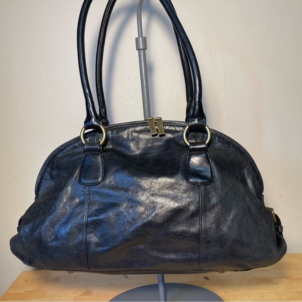 HOBO International Vintage Black Leather Rounded Satchel Top Zip Shoulder Bag